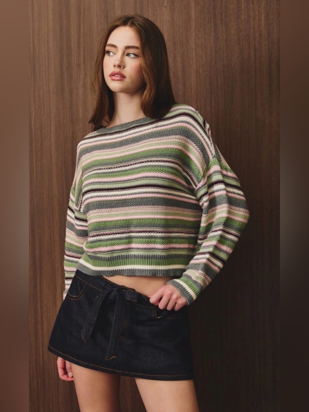 Le Lis Striped Crewneck Sweater in Green, Pink & Gray